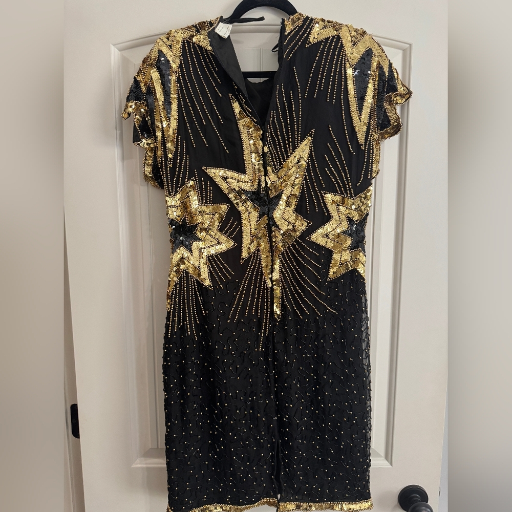 Stenay 100% Pure Silk Art Deco Style Beaded & Sequins Black/ Gold Vtg Dress - Picture 4 of 6